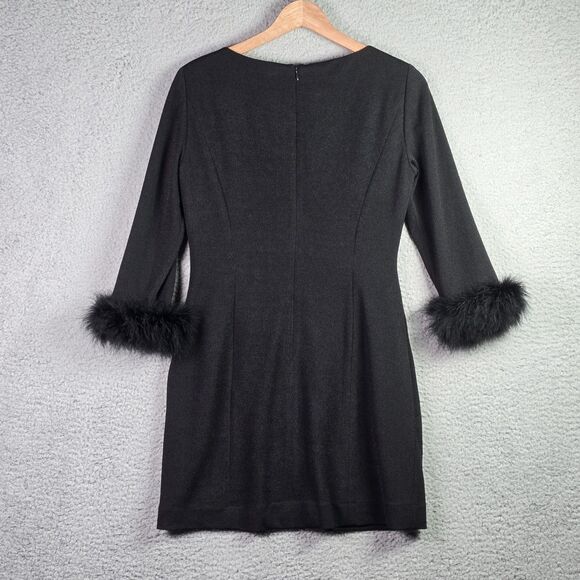 Tahari Black Ruched Side Pleat Feather Cuff Shift Dress 6 Cocktail Statement - Picture 12 of 13